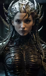 the young woman with horns and wings is dressed in black leather