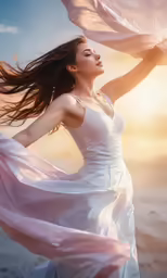 an oriental girl wearing a white dress with her hair blowing in the wind