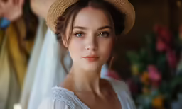 a beautiful young woman with a large hat on her head