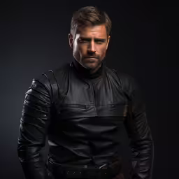 man in leather jacket standing and looking at camera,a man in leather standing up with his arms crossed