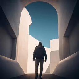 person walking through a tunnel in a building