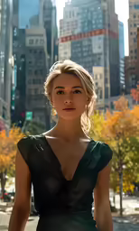 a woman in a short dress stands near the city