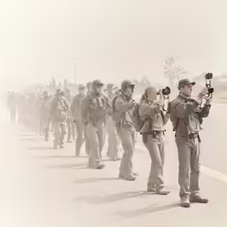 military personnel in uniform with camera equipment walking along the road