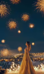 a girl in a gown looking at fireworks on the night sky