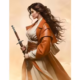 an artistic painting shows a woman holding a sword