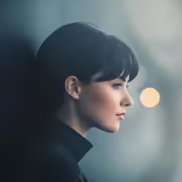 woman with blunt bangs staring out over blurred background