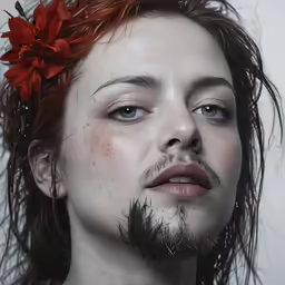an artistic picture shows the head of a young man with a beard and flowers in his hair
