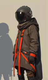 a person in an orange striped jacket stands with a motorcycle helmet on