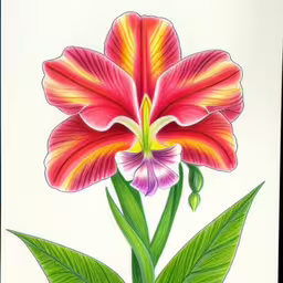 drawing of a red flower and green leaves,a drawing of a flower with leaves