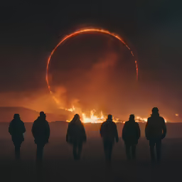 five people standing under a bright red sun