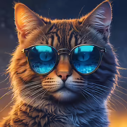 a close up of a cat wearing blue sunglasses