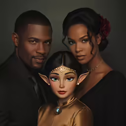 two men pose together with a beautiful doll