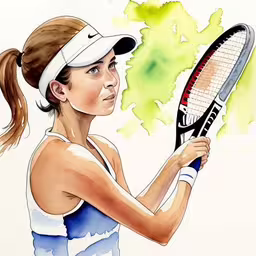 the watercolor is very detailed in this painting,a picture of a drawing of a woman holding a tennis racquet,a woman in blue is holding a tennis racket,a woman is holding up a tennis racket,this is an image of the woman holding her tennis racket