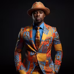 man wearing colorful suit and hat poses for a photo,a male model wearing a bright colorful suit and hat