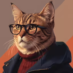 cat wearing a black coat with a red sweater underneath and glasses