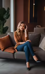 a woman is sitting on a couch and talking on the phone