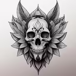 a tattoo design with a skull and leaves