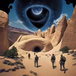 three people with backpacks walking through a desert area