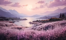 a view of an island with mountains and flowers