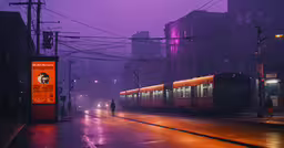 a train at night with buildings and street lights,an empty city street at night, with a couple of trolleys on the side of the road