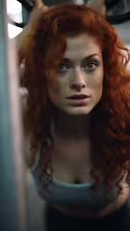 red headed woman with large curls wearing blue top,an redhead woman with large round earrings and a clock in the background