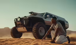 a man kneeling down in front of a parked truck