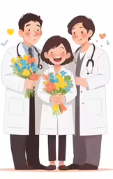 three people wearing white coats are holding flowers