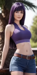 a very sexy lady with purple hair posing for a picture