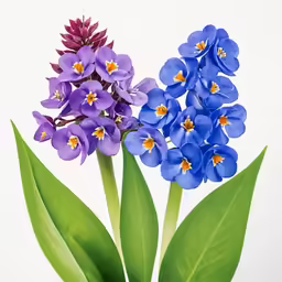 two different plants and one purple flower with green leaves