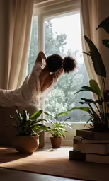 a woman in white shirt doing a handstand next to a window