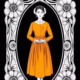 a woman wearing an orange dress in a floral frame,a woman wearing an orange dress in front of a black background,an illustration of a woman in a dress,a drawing of a woman in an orange dress,a woman in a yellow dress and a black background