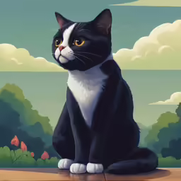 a black and white cat sits on a table