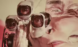 a man with three cameras over his face