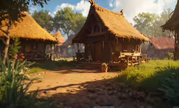 this is an animated scene showing a hut,a small building with thatched roofs sits on a dirt road in front of tall trees