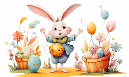 an easter bunny stands in front of baskets with eggs