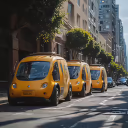 three yellow mini buses on the road near buildings