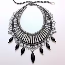 the black and white necklace features black beads,a necklace with black beads, black stones and clear stones is displayed
