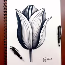an ink drawing of a flower and pen sitting on a table,an art drawing with a pen and a pen