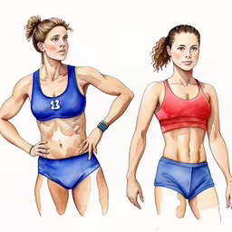 a woman in sports wear with different colored shirts and one without,two woman