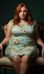 a woman with red hair sitting in a chair
