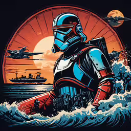 the star wars artwork print on a black background,a man with a helmet on sitting on top of a ship