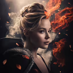 a woman in black top with fire flying over her