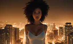 a woman standing in front of a cityscape