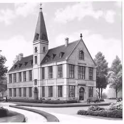a historical drawing of an old church