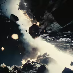 an explosion in a space next to rock formations