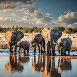 a herd of elephants walking along a lake