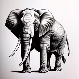 a picture of an elephant with tusks painted in black and white,a picture of an elephant with large tusks,an elephant drawn in black and white on a sheet of paper,an elephant is shown with black lines on it,an elephant is shown on the white wall
