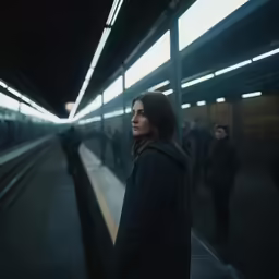 a woman standing in front of a train while looking up