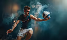 a man is playing soccer under a bright light