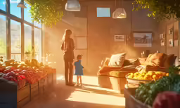 a child and a woman are standing near vegetables
